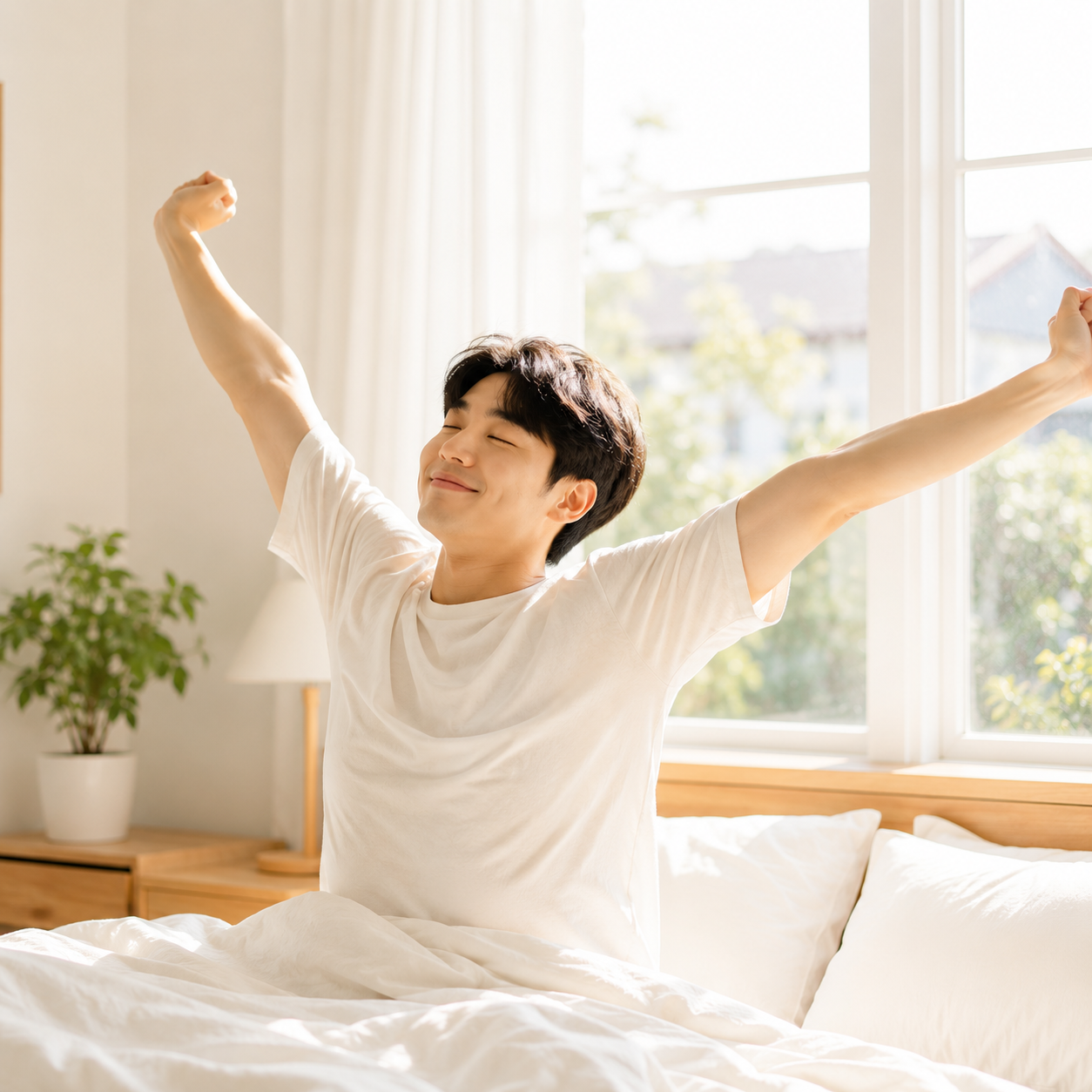 아침에 기지개를 켜며 몸을 푸는 모습
