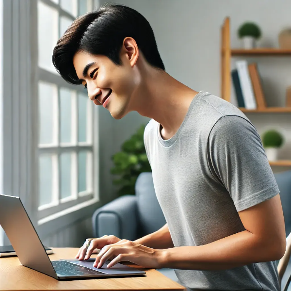 책상에 바른 자세로 앉아 노트북 작업을 하는 젊은 아시아 남성