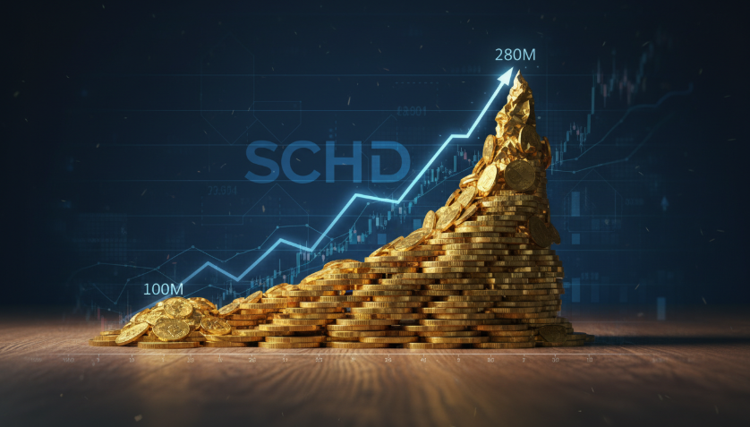 SCHD ETF 1억 투자 시 10년 후 2.8억 성장 그래프와 황금 동전을 나타내는 금융 이미지