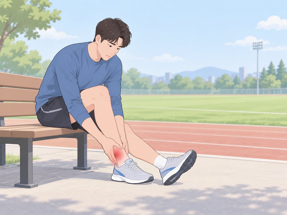 운동장 트랙 옆 벤치에 앉아 붉게 표시된 발목을 두 손으로 감싸 쥔 운동복 차림의 남성