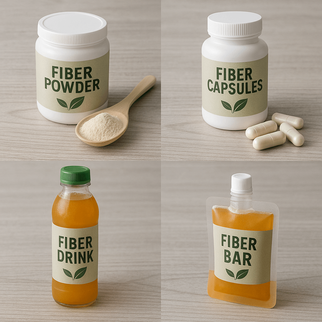 가공식이섬유의 판매형태 파우더,캡슐,음료,젤리바를 표현한 이미지