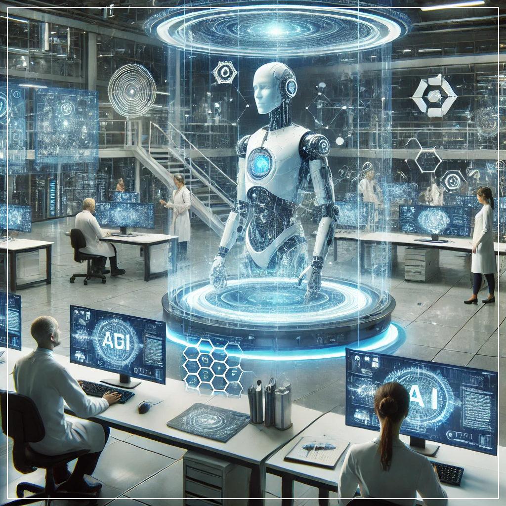 과학자들이 지능형 기계와 신경망을 모니터링하며 AGI를 개발하는 첨단 연구소의 모습