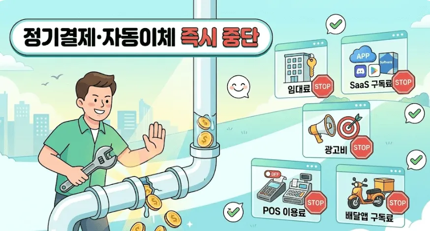 사업자 휴업-폐업 후 꼭 해야 할 일: 사업 폐업 후 비용 절감을 위해 정기결제와 자동이체를 즉시 중단해야 한다는 내용을 담은 밝고 현대적인 일러스트. '정기결제·자동이체 즉시 중단'이라는 큰 제목 아래, 초록색 셔츠를 입고 스패너를 든 미소 짓는 남성이 스패너로 끊어진 파이프에서 쏟아지는 금화를 'STOP' 손동작으로 막고 있습니다. 우측에는 5개의 패널이 있으며, 각 패널은 '임대료' (건물과 열쇠), 'SaaS 구독료' (클라우드와 앱 로고), '광고비' (확성기와 타겟), 'POS 이용료' (카드 터미널과 프린터, 'OFF' 표시), '배달앱 구독료' (스쿠터와 배달 상자)를 아이콘과 제목, 빨간색 'STOP' 표지판과 함께 보여줍니다. 배경은 푸른 언덕과 도시, 구름, 해, 체크 표시 등으로 구성되어 밝고 긍정적인 분위기를 연출