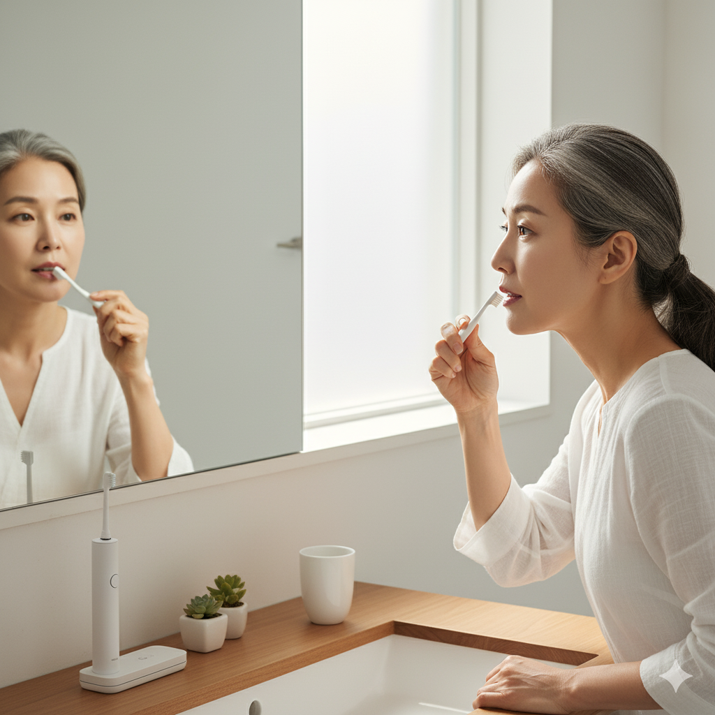 잇몸 건강을 위해 부드러운 칫솔로 올바르게 양치하는 중년 여성.