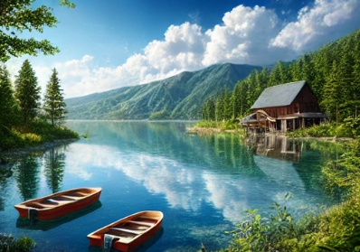 호수에 보트2대와 목가적인 분위기의 집 모습