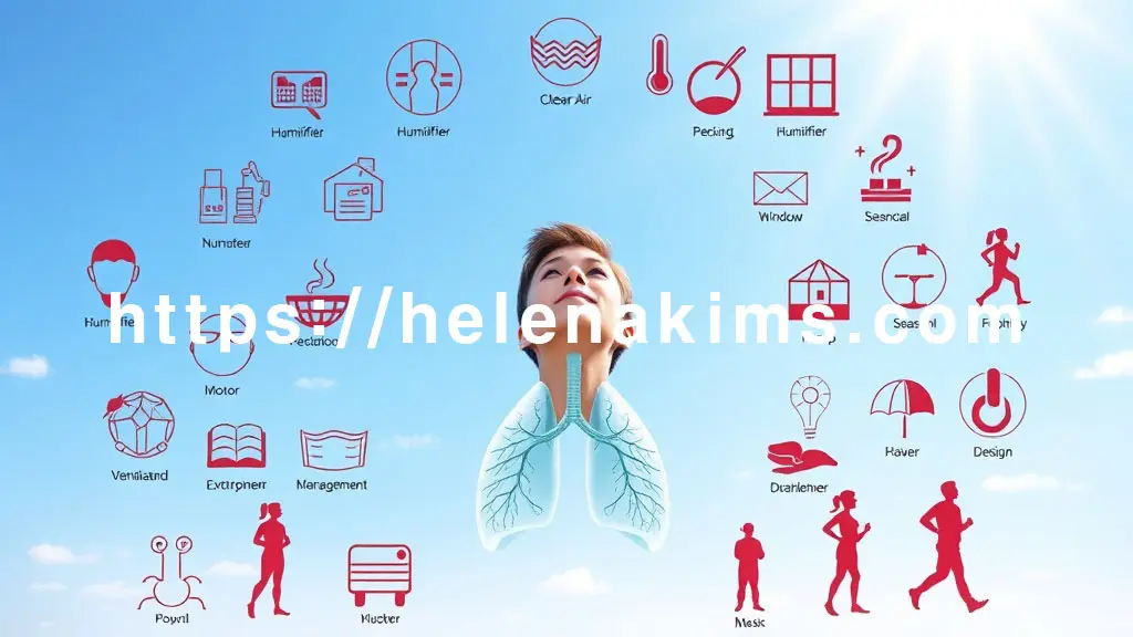 밝고 희망찬 분위기 속에서, 청명한 공기와 편안하게 숨 쉬는 사람의 모습을 중심으로 여러 아이콘이 조화롭게 배치된 이미지.