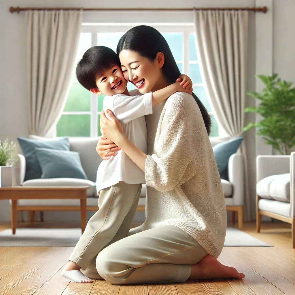 거실에서 한국인 엄마가 아이를 따뜻하게 안아주는 하이퍼리얼리즘 장면. 엄마는 무릎을 꿇고 팔을 벌려 아이를 포근히 감싸 안으며&amp;#44; 사랑과 편안함이 가득한 모습