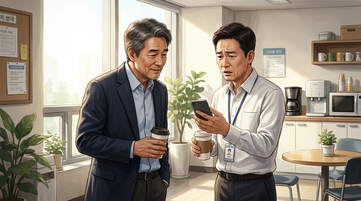 회사 휴게실에서 종이컵 커피를 들고 진지하게 이야기하는 50대와 40대 직장인