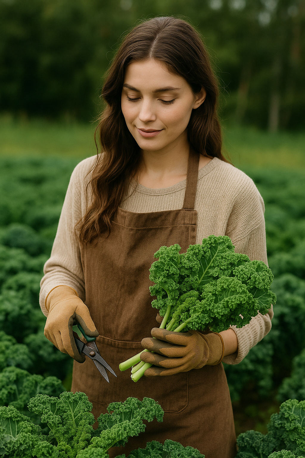 "항암 식품으로 주목받는 컬리케일을 직접 수확하는 젊은 여성. 자연 속 건강한 라이프스타일을 상징하는 장면"