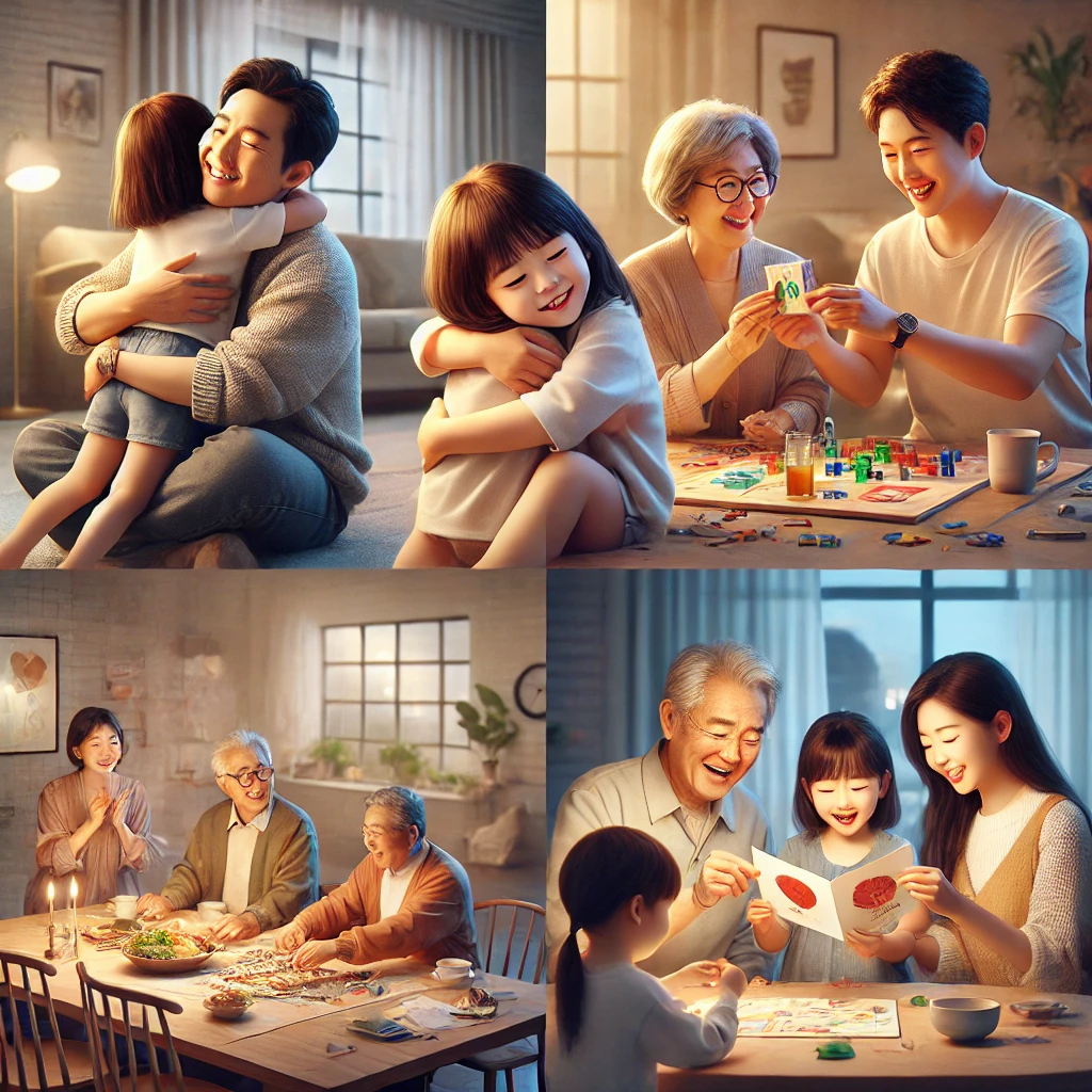 가족을 소중히 여기는 마음을 시작하는 모습을 담은 따뜻하고 사실적인 4개의 이미지를 제작했습니다. 각각의 이미지에서 가족 간의 사랑과 배려가 잘 드러나며, 따뜻한 분위기가 강조되었습니다.