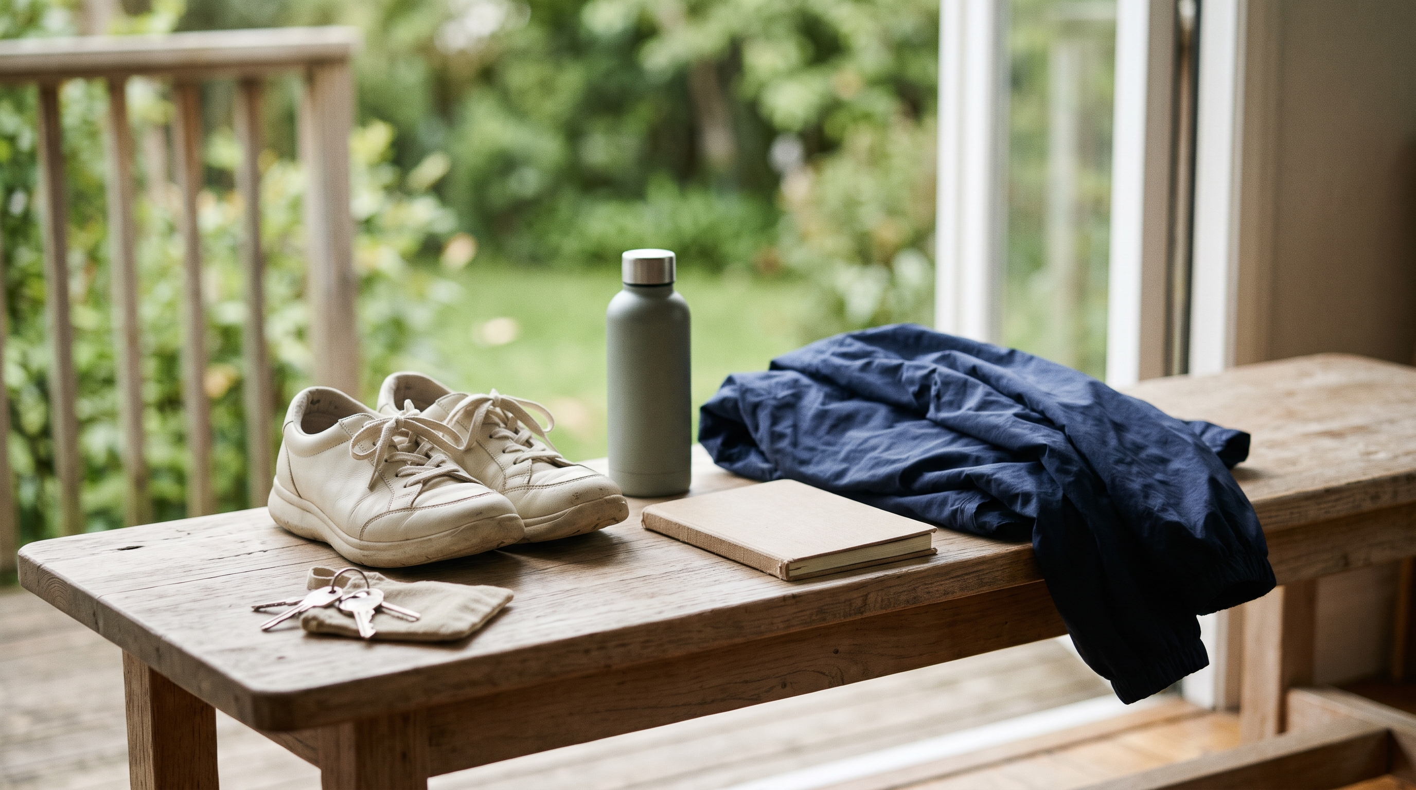 Cream walking shoes, a green water bottle, a navy jacket and a cream notebook on a wooden bench beside a garden.