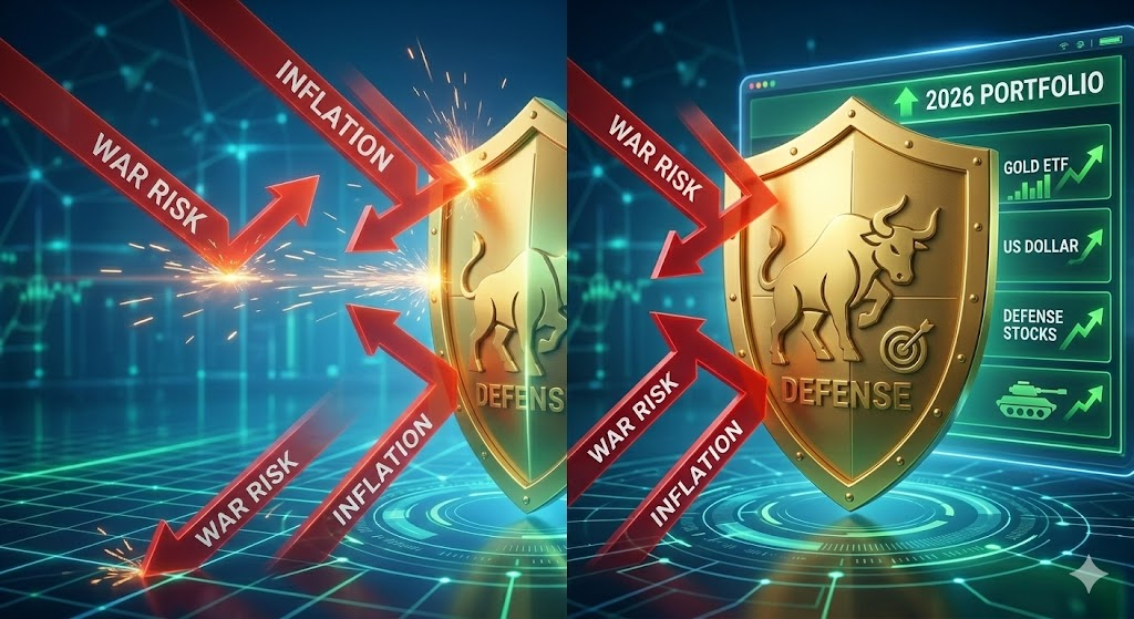 전쟁의 위협으로부터 자산 포트폴리오를 보호하는 황금 방패와 투자 전략 이미지