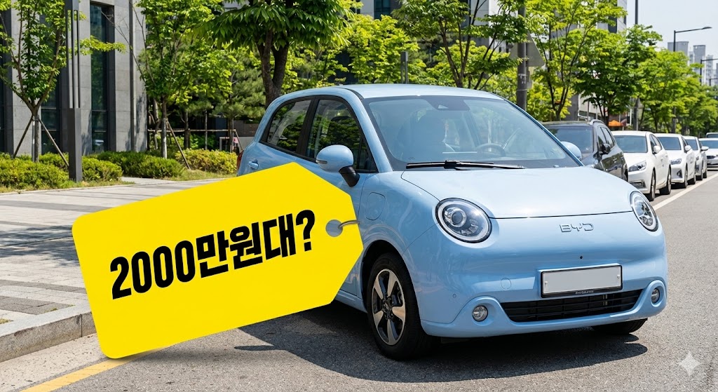 귀여운 디자인의 BYD 돌핀 차량 옆에 '2,000만 원대?'라는 파격적인 가격표가 붙어있는 이미지