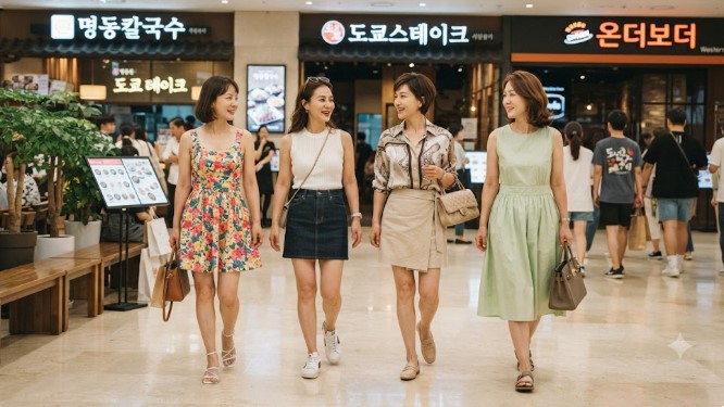 백화점 식당가를 걷고 있는 사람들