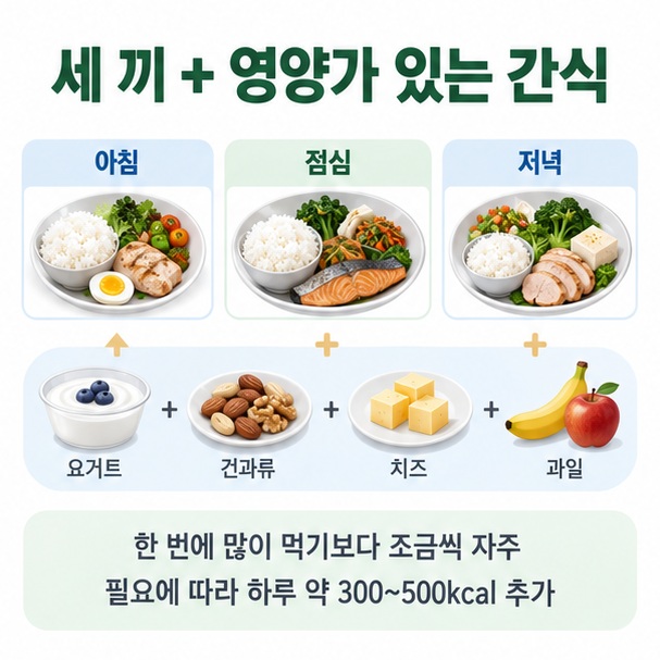 세 끼 식사에 단백질 식품과 요거트, 치즈, 견과류 같은 간식을 추가하는 방법을 표현한 이미지