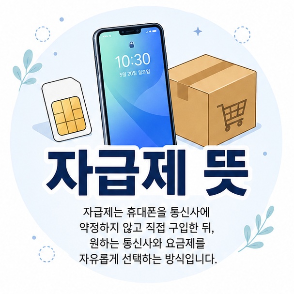 스마트폰과 쇼핑 상자, 유심 카드를 이용해 휴대폰을 직접 구입하는 자급제 방식을 표현한 이미지