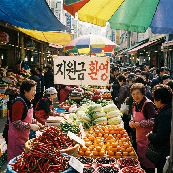 활기 넘치는 한국의 전통시장 풍경. 신선한 과일과 채소가 가득한 노점들 사이에 '민생회복지원금 사용 가능'이라는 안내문이 붙어 있으며, 상인들과 손님들이 즐겁게 소통하는 모습. 지역 경제 활성화를 상징하는 시네마틱한 8k 고해상도 사진