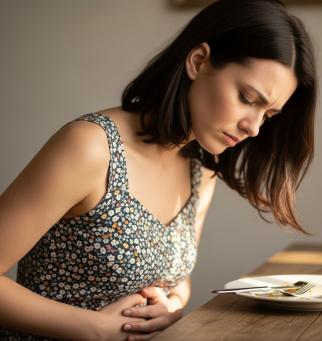 테이블에 앉아 소화불량으로 인해 배를 붙잡고 있는 여인의 모습