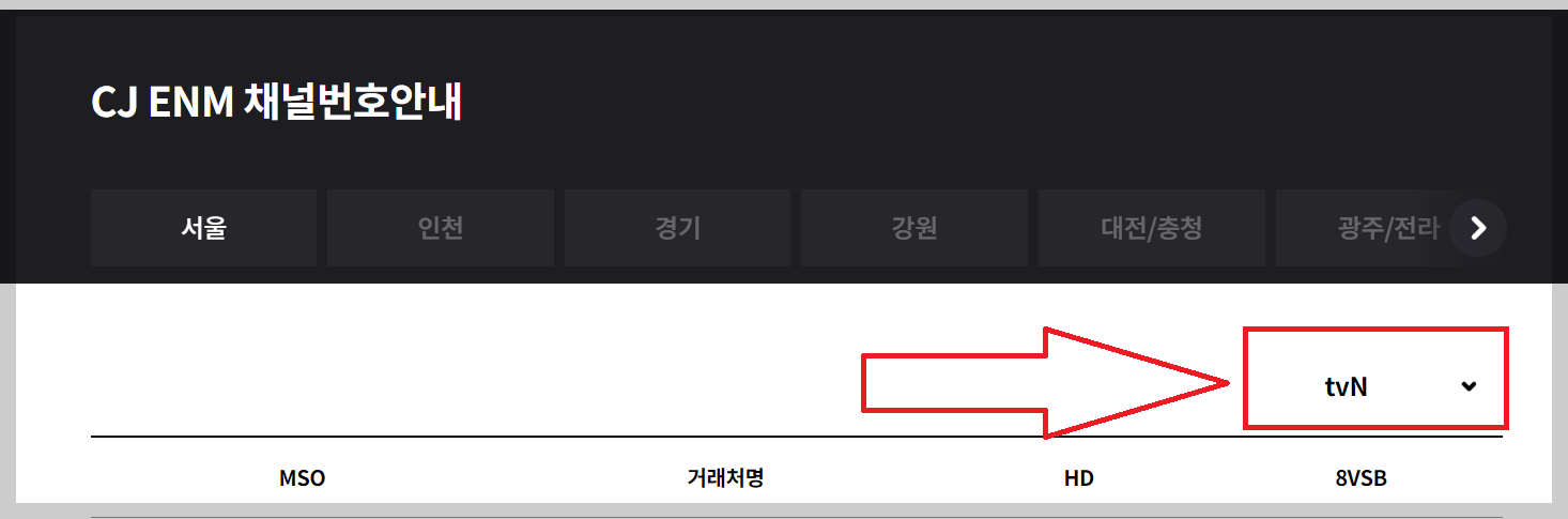 tvN 채널 번호