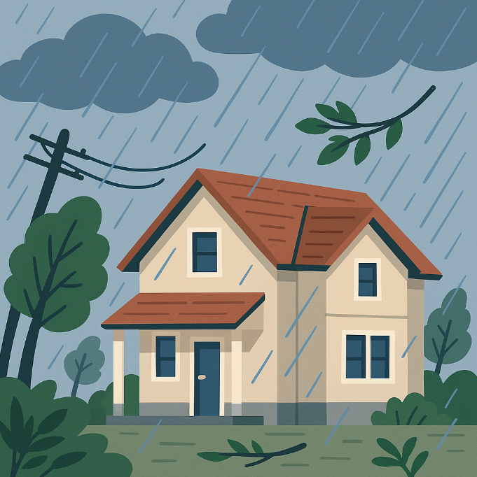 주택에서 태풍 대비로 지붕과 주변 점검하는 모습