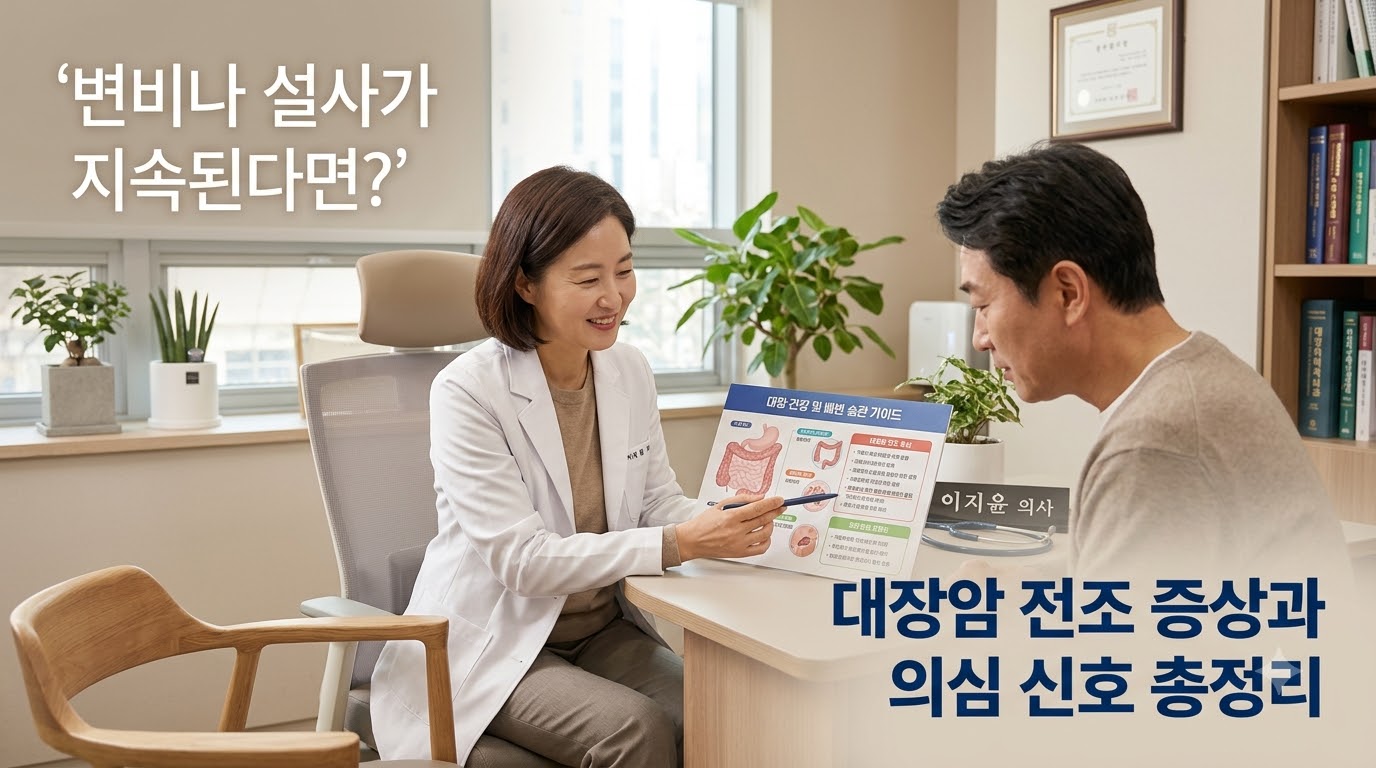 햇살이 은은하게 비치는 아늑하고 신뢰감 주는 진료실에서 의사와 환자가 밝고 차분한 표정으로 지속되는 변비 및 설사 등 대장암 전조 증상과 대장내시경 검사의 중요성에 대해 이야기 나누고 있는 모습. '변비나 설사가 지속된다면?', '대장암 전조 증상과 의심 신호 총정리'라는 문구가 적혀 있어, 장 건강 적신호의 조기 발견과 진단의 중요성을 시각화함.