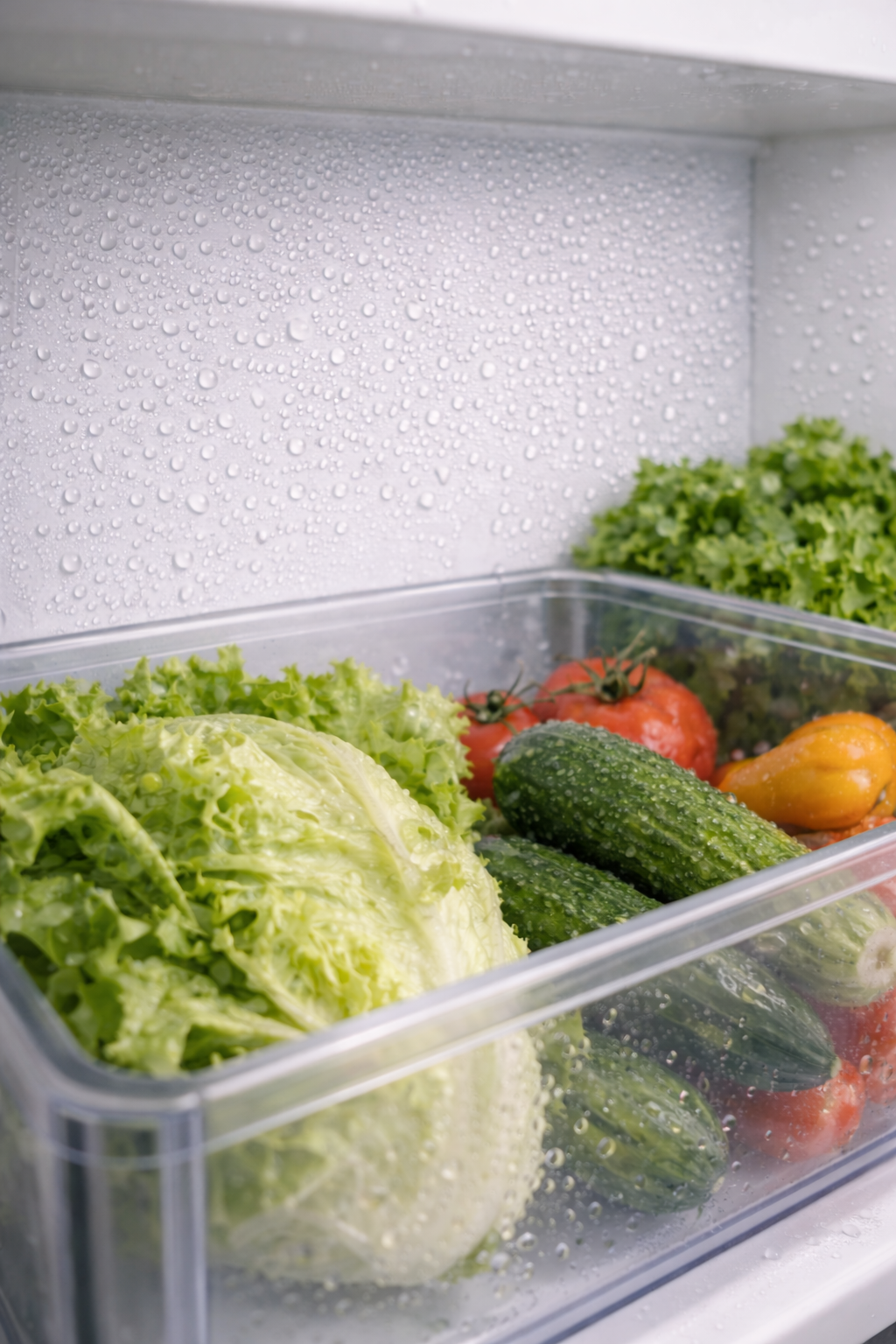냉장고 내부 벽면과 야채칸 표면에 맺힌 투명한 물방울들