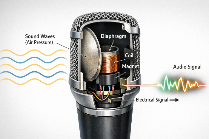마이크 내부 구조와 진동판 캡슐 신호 변환 흐름을 보여주는 단면 교육 이미지