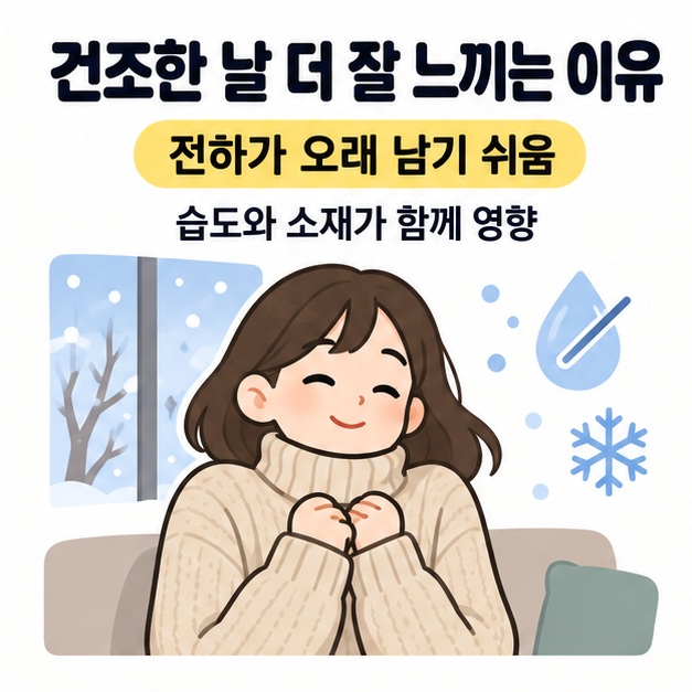 건조한 날에는 전하가 오래 남기 쉽다는 문구와 겨울 실내의 스웨터를 입은 인물 및 물방울과 눈송이 아이콘 그림