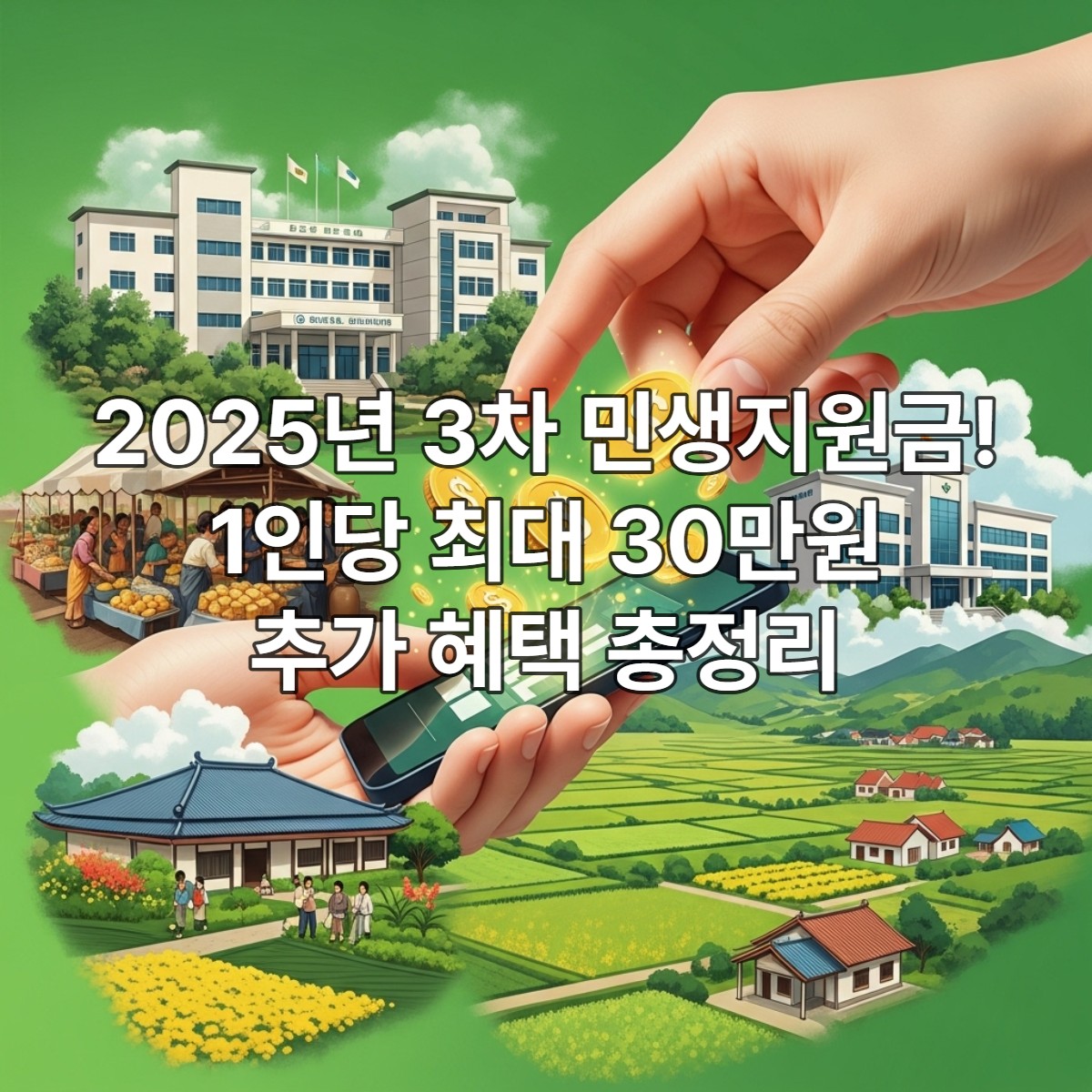 손에 디지털 기기를 들고 돈을 받는 모습과 전통시장, 농촌 풍경이 어우러진 이미지로, 3차 민생지원금, 온누리 상품권 환급, 농어촌 기본 소득 등 다양한 정부 및 지자체 지원 정책을 상징합니다.