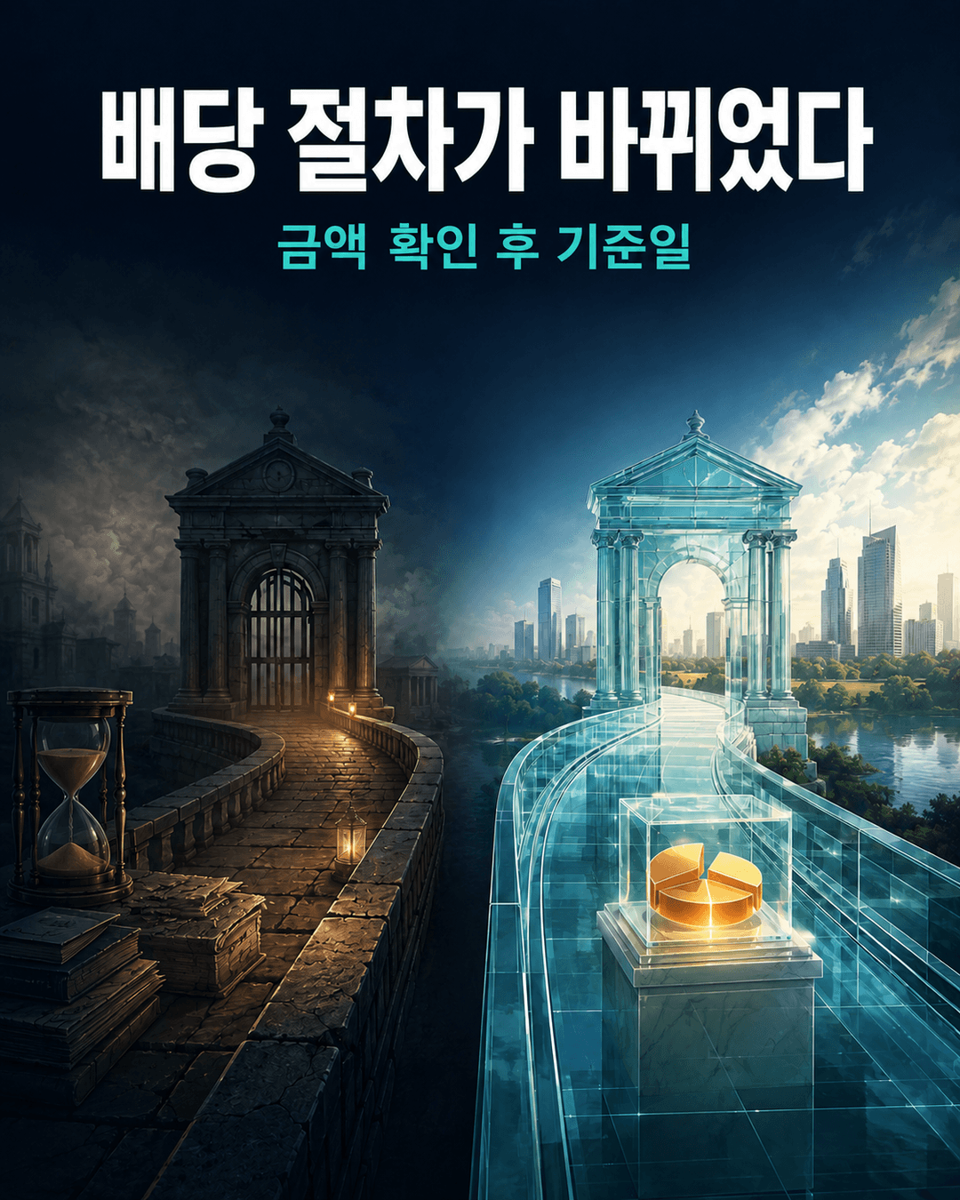 배당금액 확인 후 배당기준일을 정하는 개선된 배당 절차를 표현한 카드