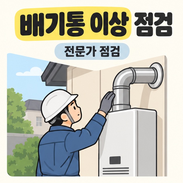 배기통 이상 점검과 전문가 점검 문구 아래 작업복과 안전모를 착용한 전문가가 보일러 외부 배기통 연결 부위를 살펴보는 모습