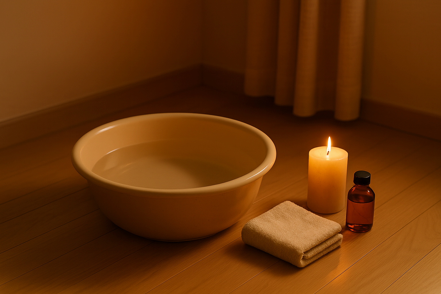따뜻한 조명이 비추는 방의 족욕 대야와 수건