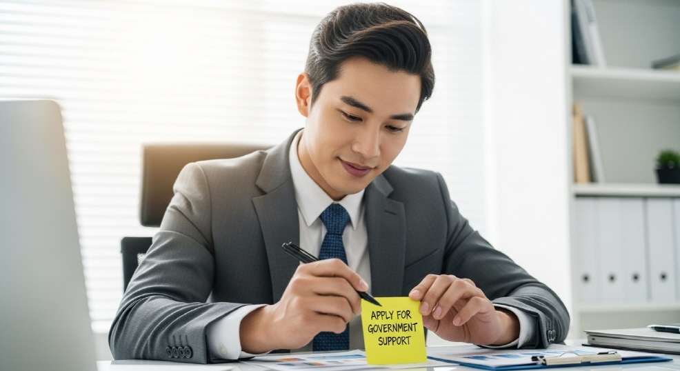포스트잇에 &amp;#39;정부지원 신청&amp;#39;을 적는 청년 CEO