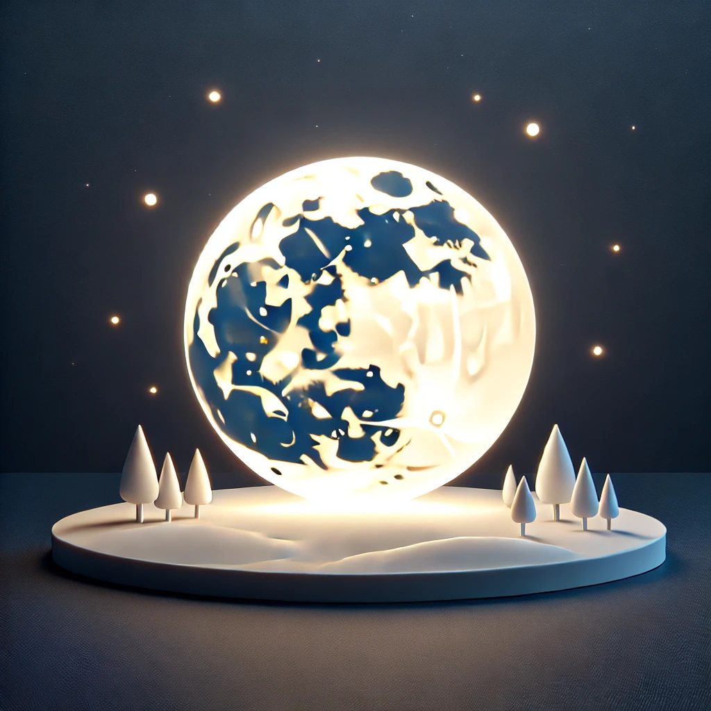 3D miniature-style moon glowing brightly over a simple nightscape, symbolizing the Full Beaver Supermoon of November 2024 under a clear sky.