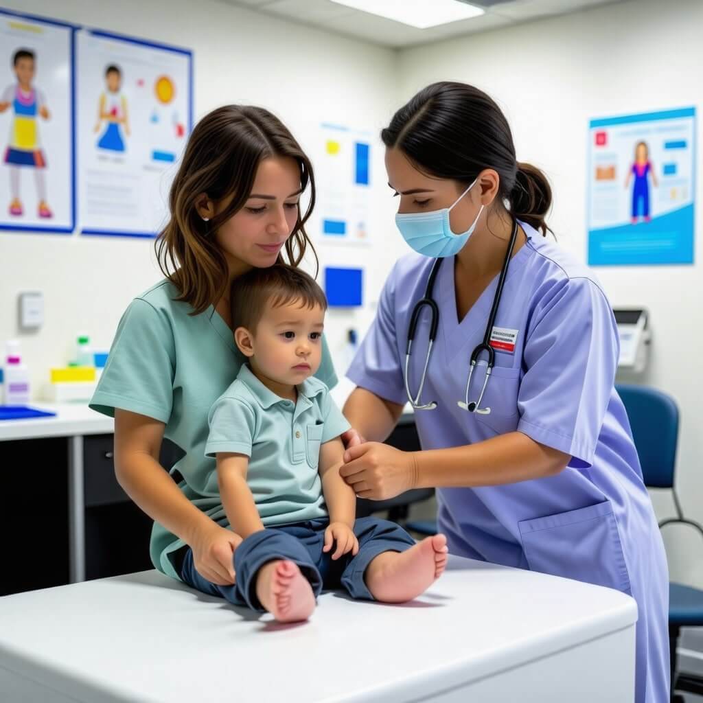 예방접종실: 어린이가 예방접종을 받는 모습, 부모가 옆에서 지켜보는 장면