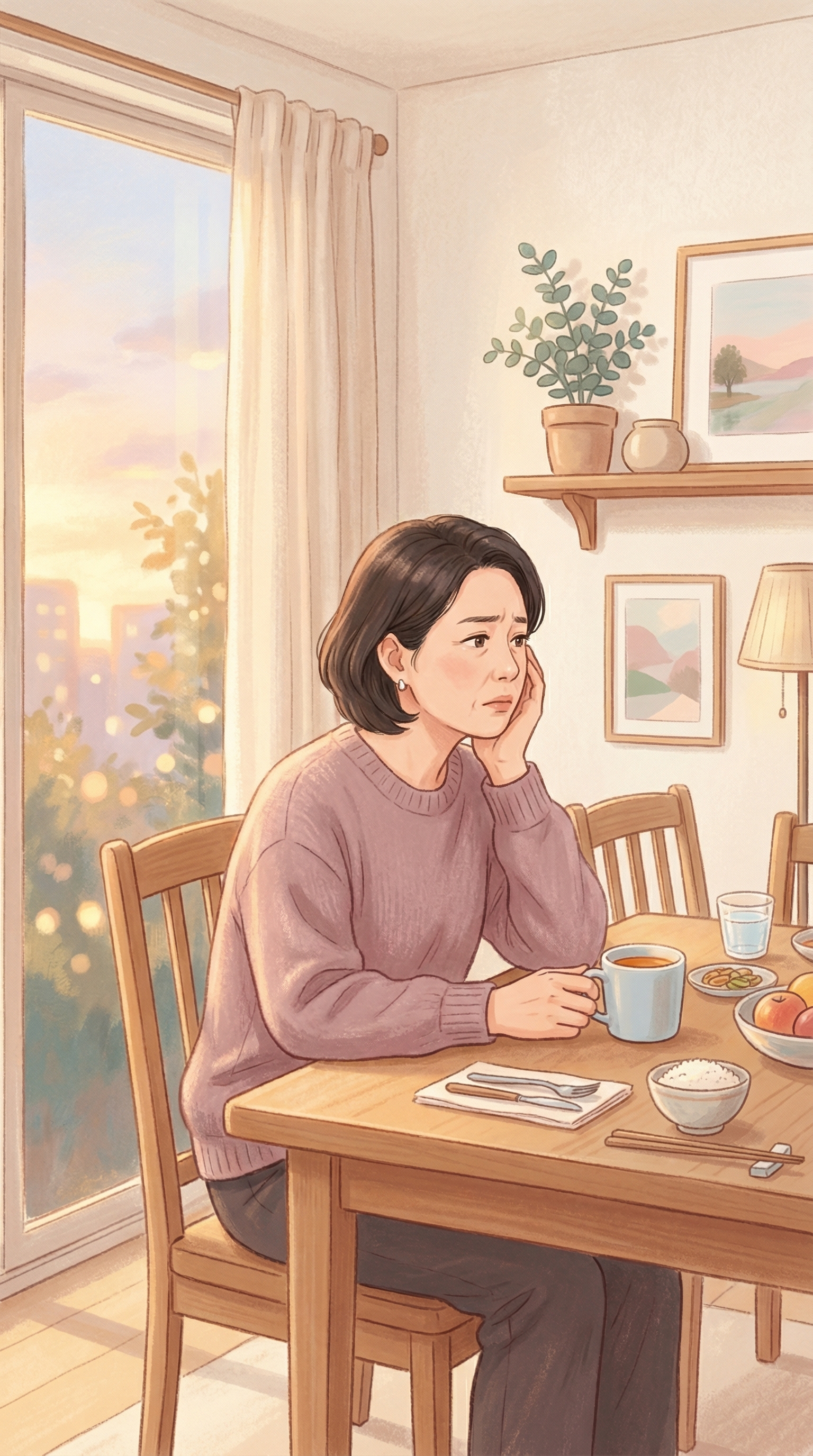 식탁 앞에서 생각에 잠긴 중년의 저녁 시간