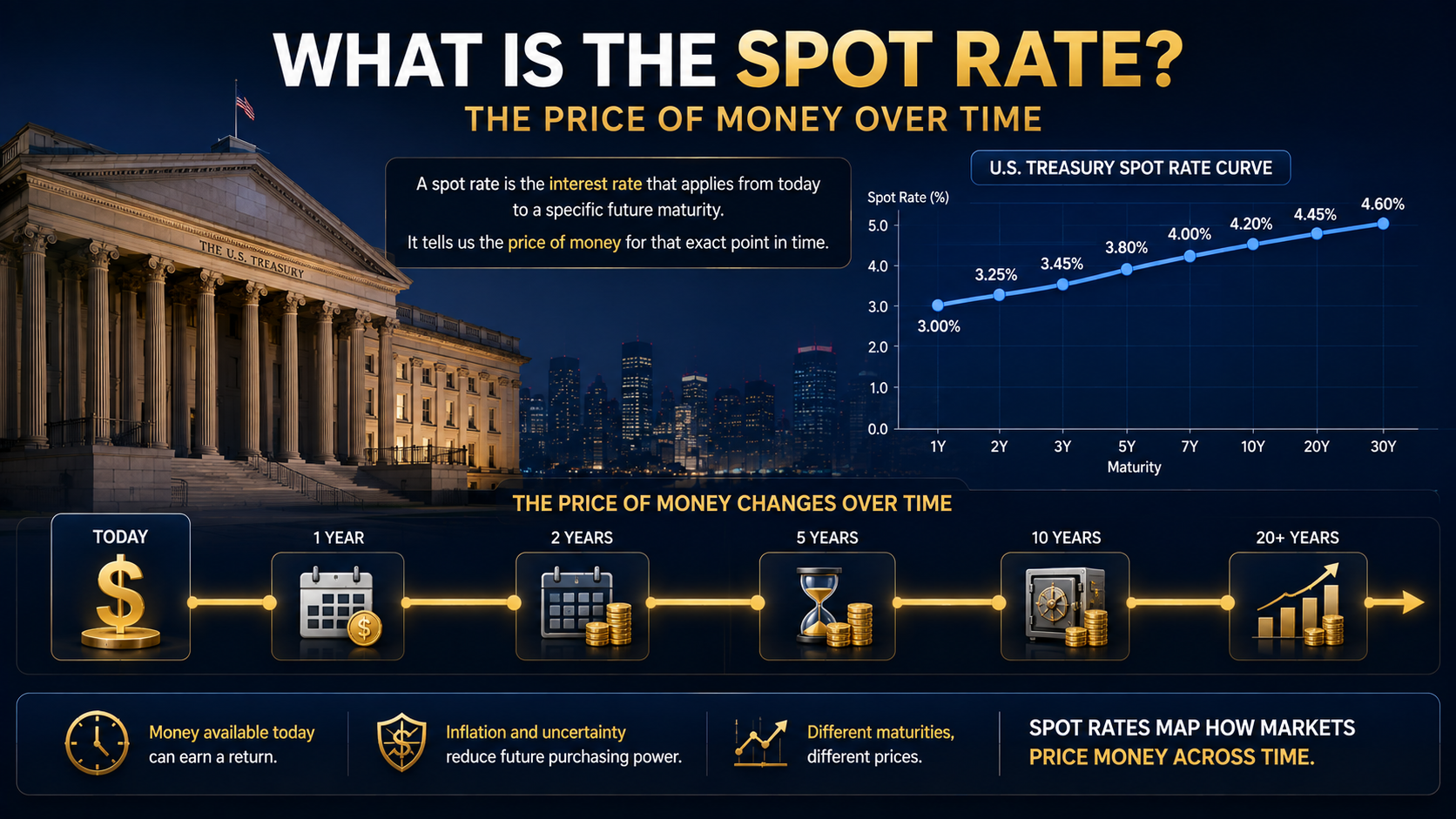 Spot rate concept showing U.S. Treasury rates across maturities and the price of money over time