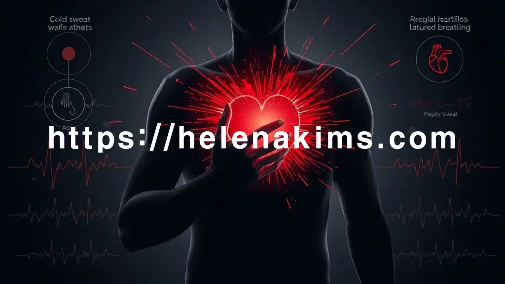 극심한 통증으로 가슴을 움켜쥐고 있는 인간 상반신 실루엣. 심장 부위에는 강렬한 붉은색 스파크와 함께 갈라지는 듯한 시각 효과가 집중되고, 이 통증이 왼쪽 팔, 어깨, 목, 턱으로 섬광처럼 퍼져나가는 모습.