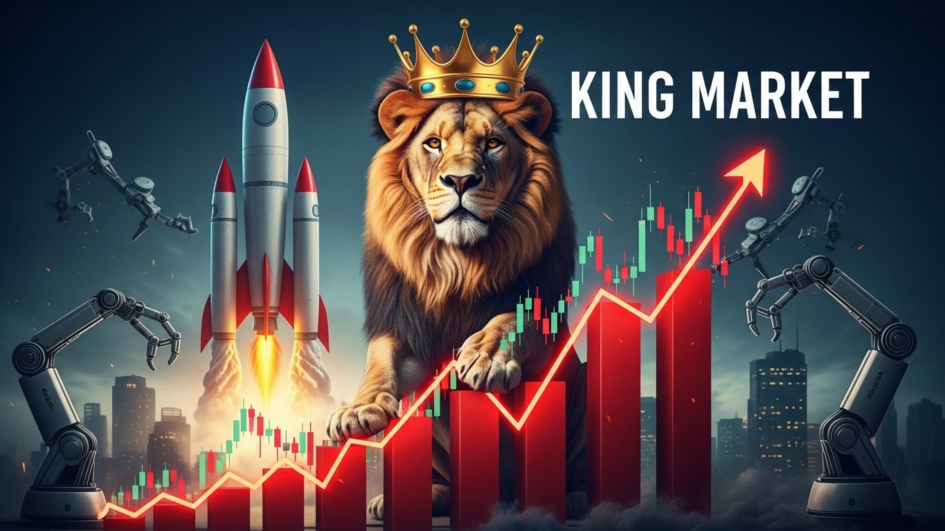A lion (king of the market) wearing a golden crown sitting majestically on a rising red stock chart, with rockets and robot arms visible in the background.