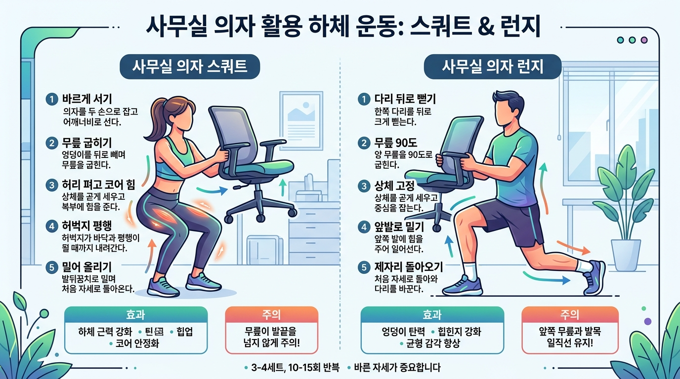 사무실 의자를 활용한 스쿼트 및 런지 운동법과 자세별 주의사항을 담은 한글 교육용 인포그래픽