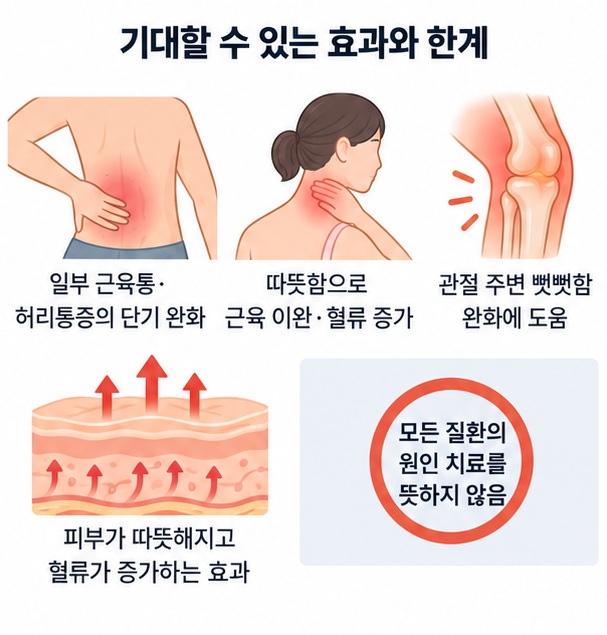 적외선 온열로 근육 긴장과 통증을 단기 완화하고 혈류가 증가하는 모습을 보여주는 이미지