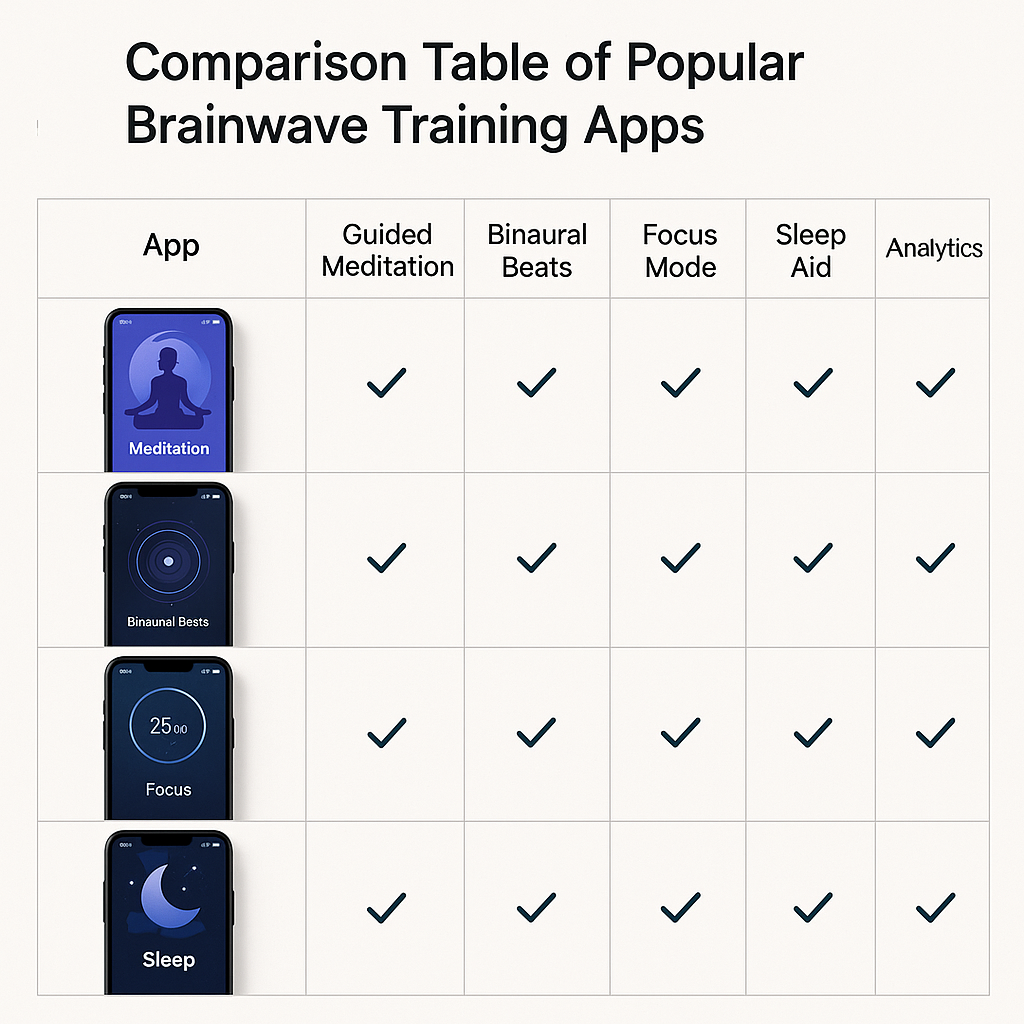 인기 뇌파 훈련 앱들의 스크린샷과 기능 비교표