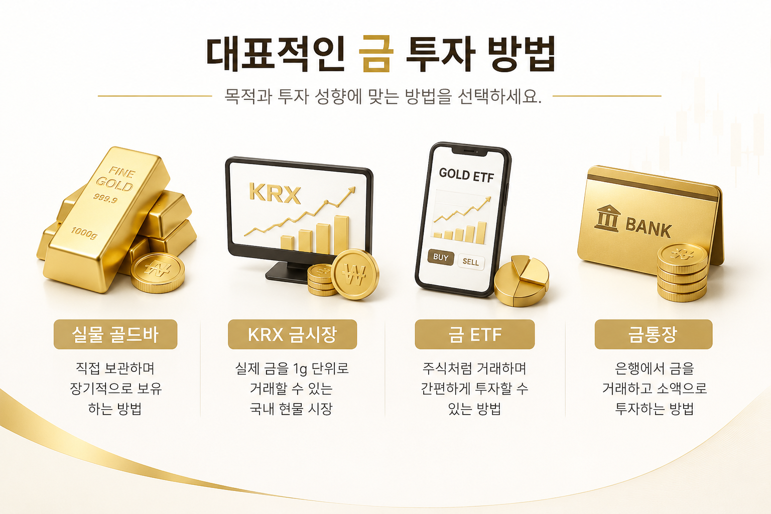 실물 골드바, KRX 금시장, 금 ETF, 금통장을 비교한 금 투자 방법 안내 이미지