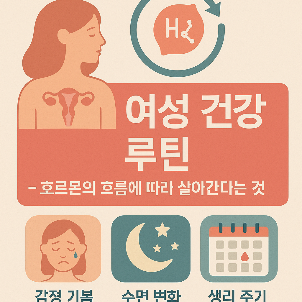 여성 건강과 호르몬 루틴을 주제로 한 일러스트 이미지 – 여성 실루엣, 자궁 아이콘, 감정 기복·수면 변화·생리 주기를 상징하는 아이콘이 포함됨