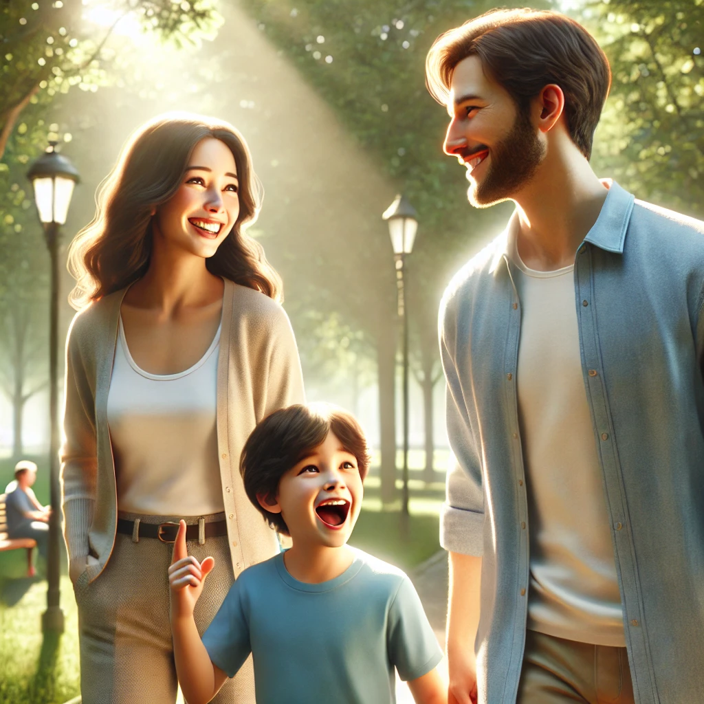 공원을 산책하며 의미 있는 대화를 나누는 가족의 모습. 부모는 따뜻한 미소를 짓고 아이는 흥분된 몸짓을 하며 나무와 햇빛으로 둘러싸인 평화로운 장면을 연출