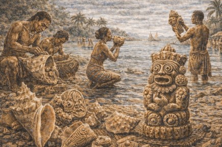 카리브 해 대안틸레스 원주민이 조개를 조각하며 해양 신앙 의례를 행하는 장면을 표현한 그림