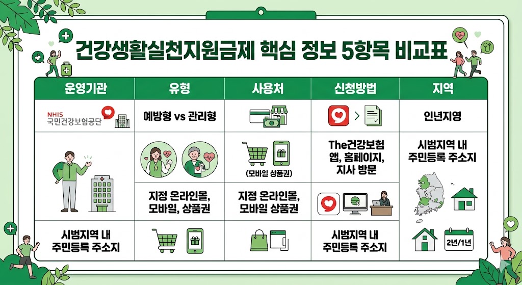 건강생활실천지원금제 운영기관 참여유형 신청방법 지역 비교표 이미지