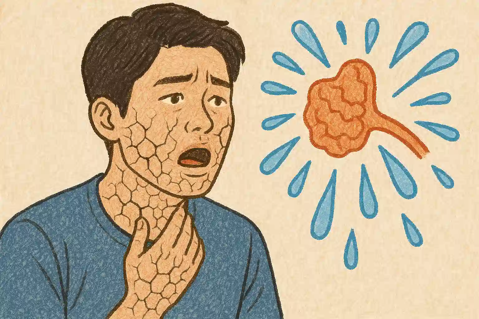 입이 건조해 갈라진 느낌, 목이 마른 표정, 침샘에서 갑자기 많은 침이 분비