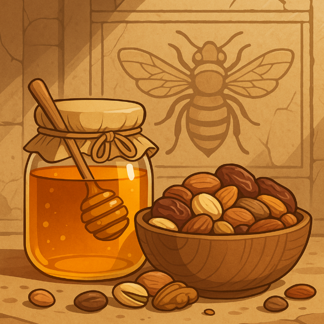 고대 석조 벌 무늬 배경 앞에 놓인 꿀 항아리와 각종 견과류, 대추가 담긴 나무 그릇