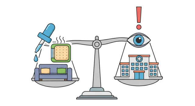 집에서 관리 가능한 증상과 병원 진료가 필요한 상황을 저울로 표현한 그림